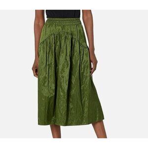 Vince. Tiered Smocked Midi Skirt Elastic Waist Herb Green Cotton Sateen size 2